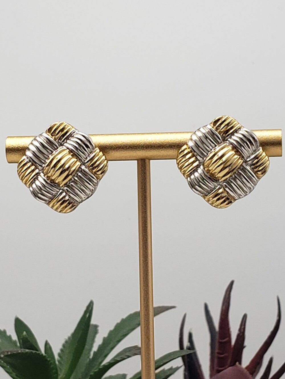 14k Yellow & White Gold Square Earrings w/ Basketweave Design - Contemporary